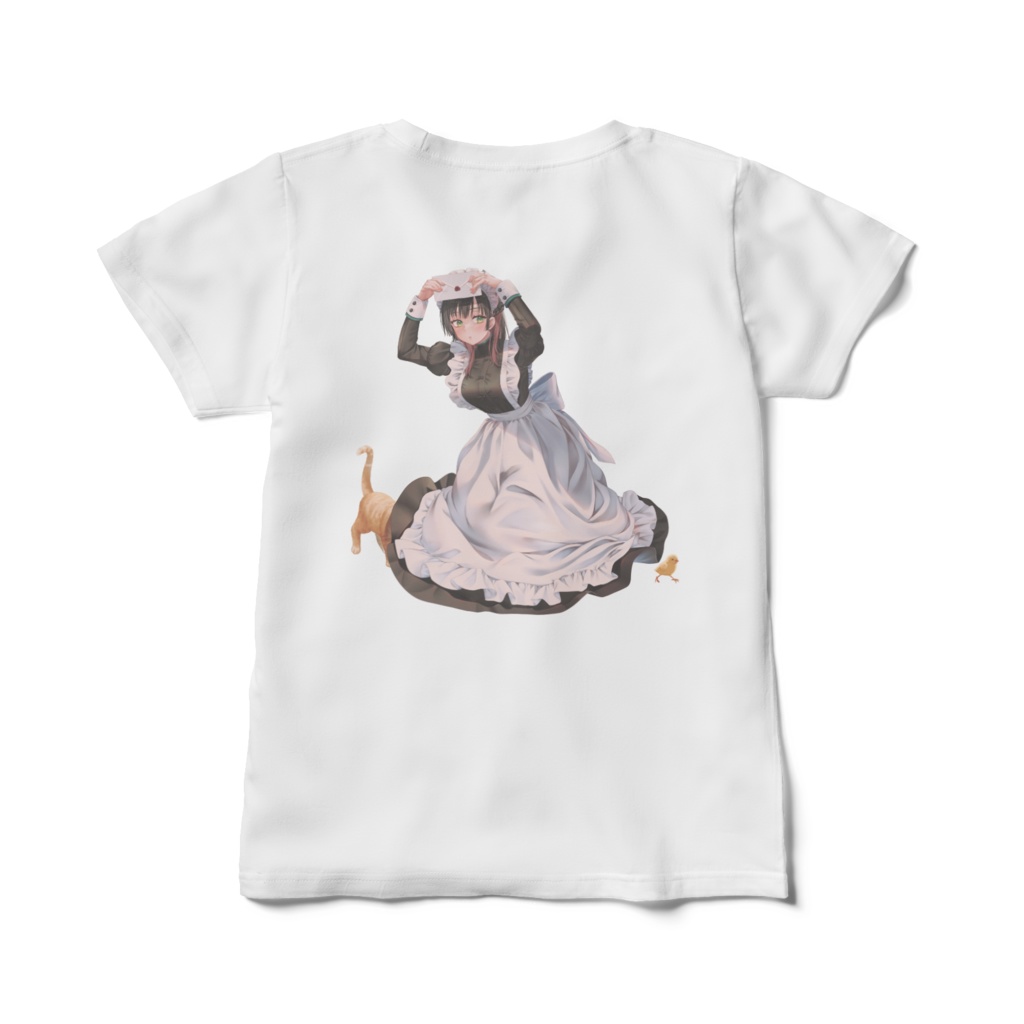 Tシャツ（レディース）｜ひよこと猫の追いかけっことメイドさん／オリジナルイラスト