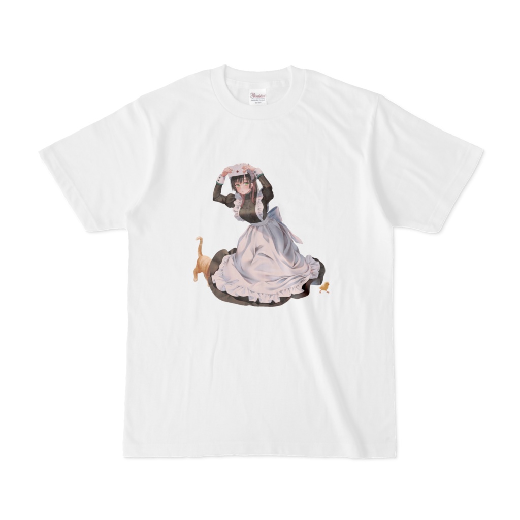 Tシャツ（白）｜ひよこと猫の追いかけっことメイドさん／オリジナルイラスト