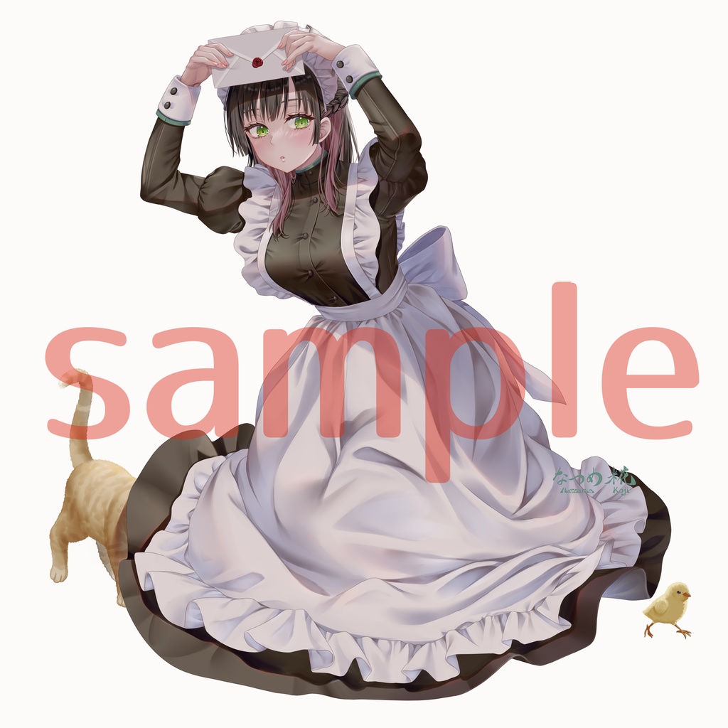 Tシャツ(白)|ひよこと猫の追いかけっことメイドさん/オリジナルイラスト