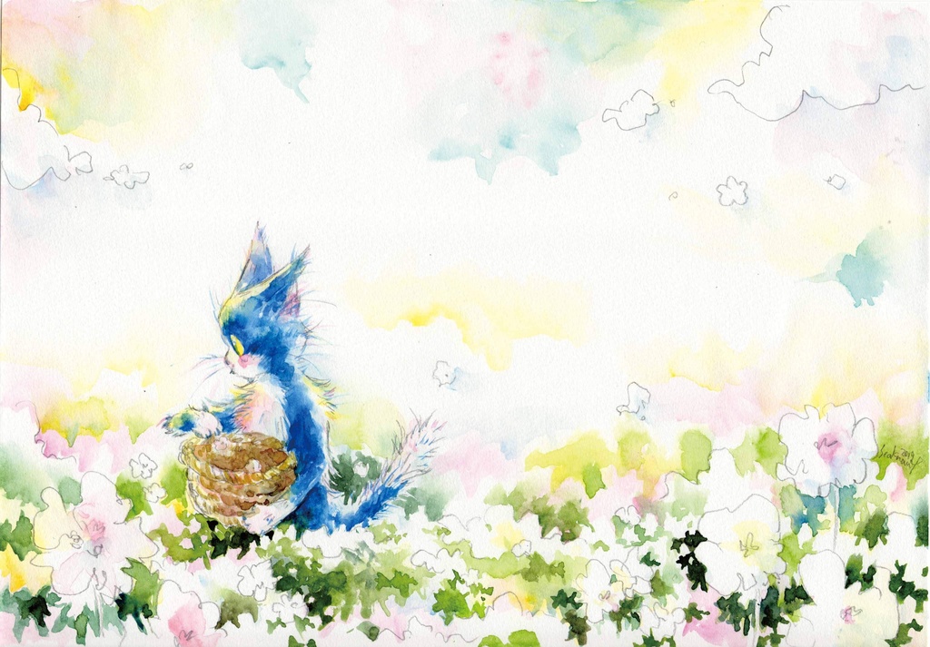 水彩イラスト原画「白いお花畑」 - 歌う絵本作家むらかみしの〜Seaknow