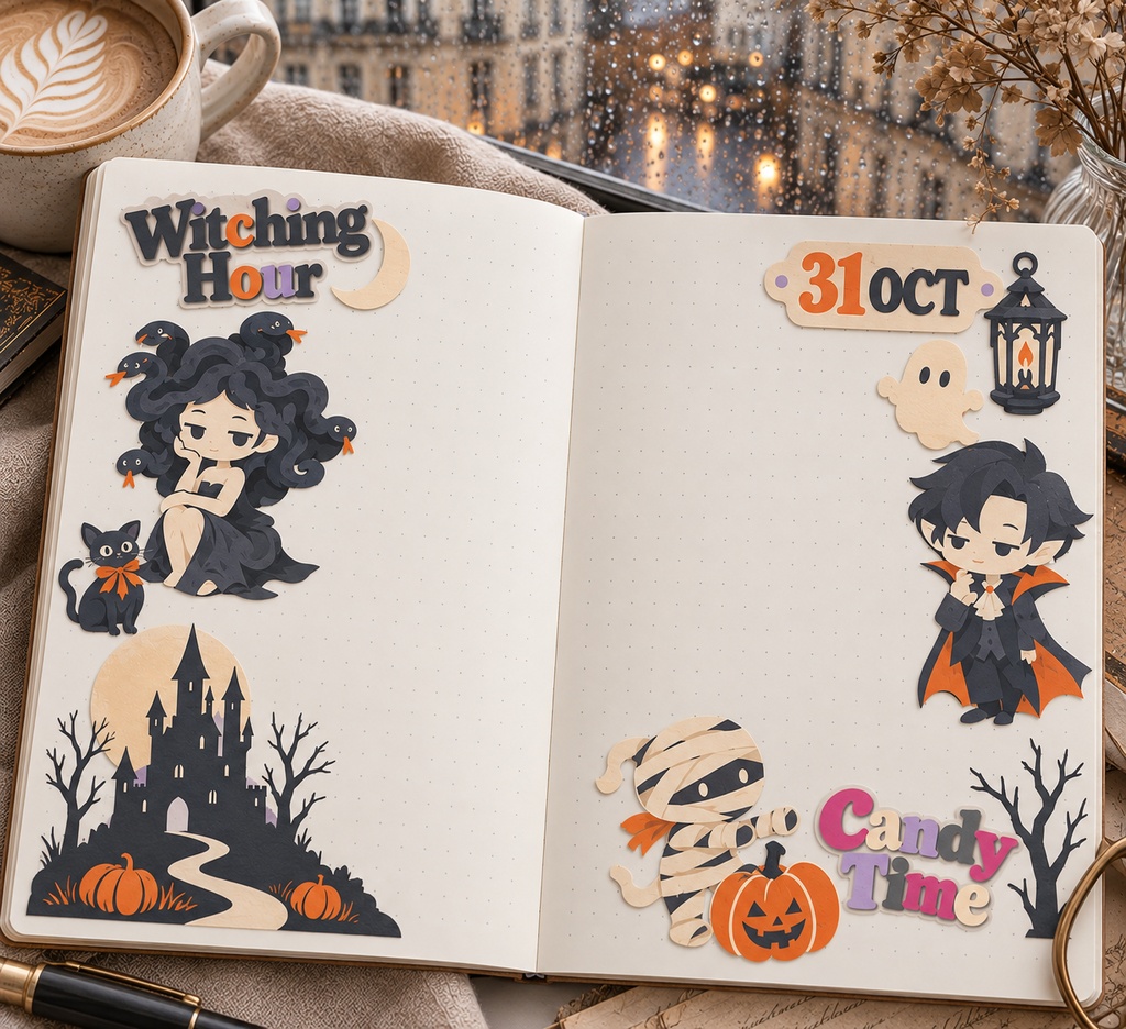 【セット販売】ハロウィン素材3点セット｜お城と満月の背景・ステッカーシート・タイポステッカー【A5・PNG】