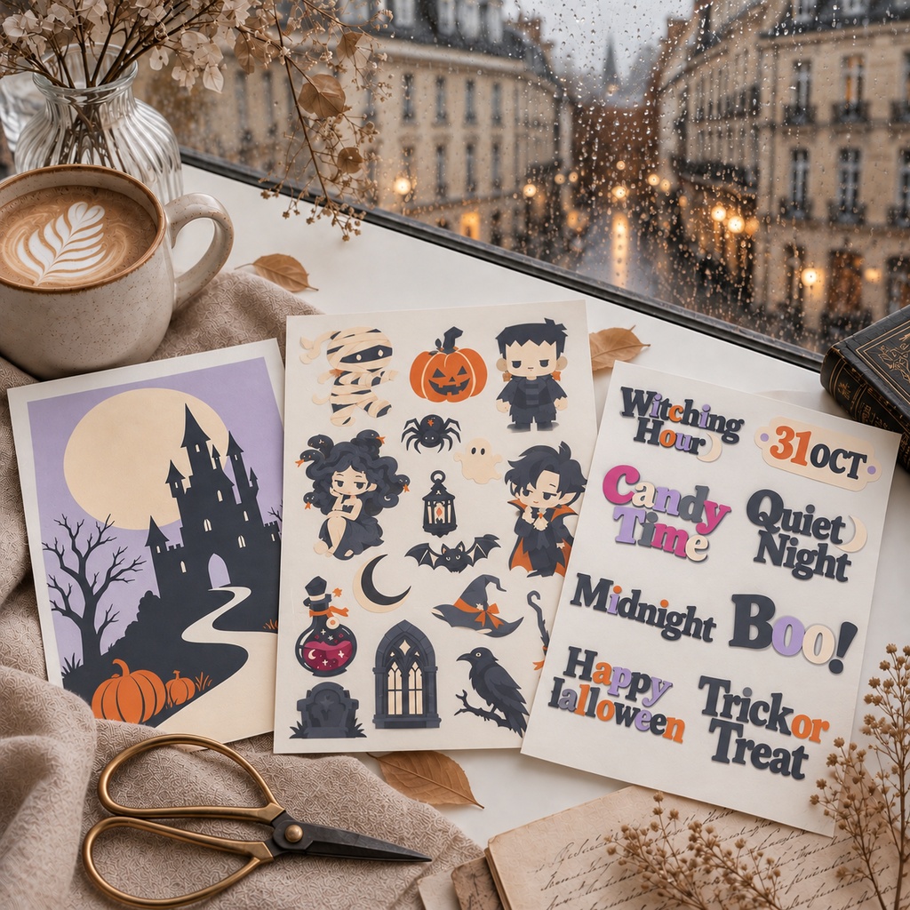 【セット販売】ハロウィン素材3点セット|お城と満月の背景・ステッカーシート・タイポステッカー【A5・PNG】