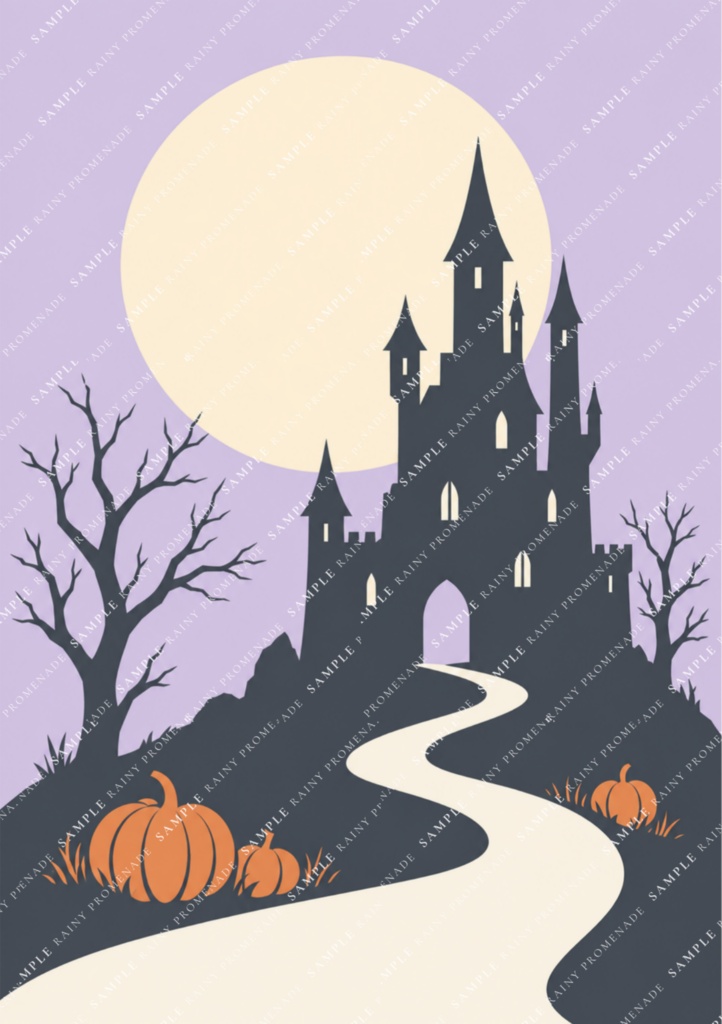 【セット販売】ハロウィン素材3点セット|お城と満月の背景・ステッカーシート・タイポステッカー【A5・PNG】