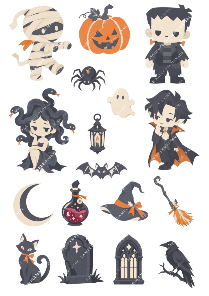 【セット販売】ハロウィン素材3点セット|お城と満月の背景・ステッカーシート・タイポステッカー【A5・PNG】