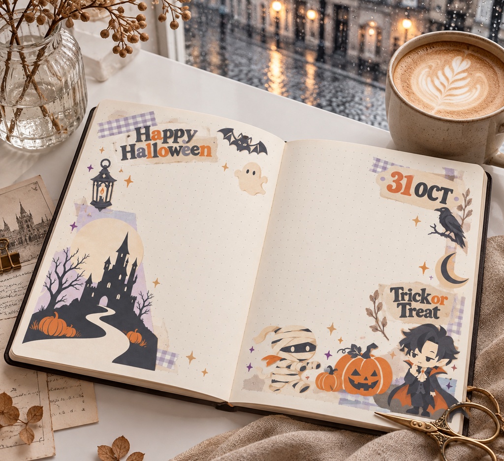 【セット販売】ハロウィン素材3点セット｜お城と満月の背景・ステッカーシート・タイポステッカー【A5・PNG】