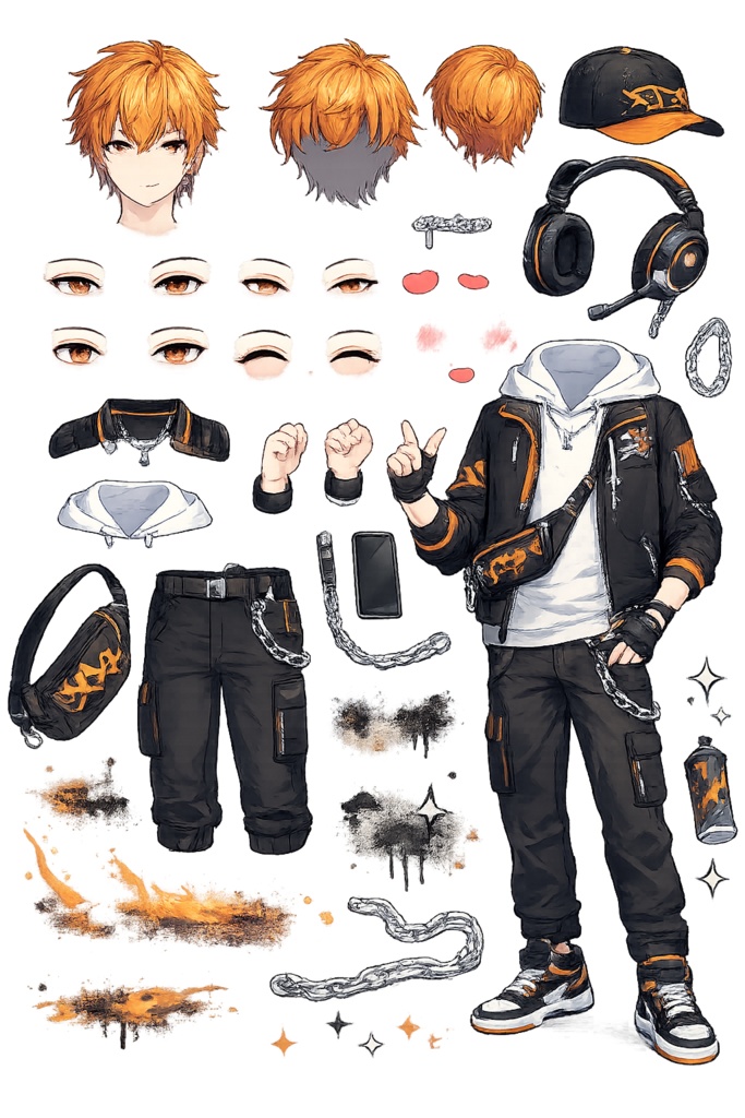 【限定1点】VTuber・TRPG用立ち絵 パーツ付|オレンジ髪のストリート系男子(背景透過PNG)|商用利用・著作権譲渡込