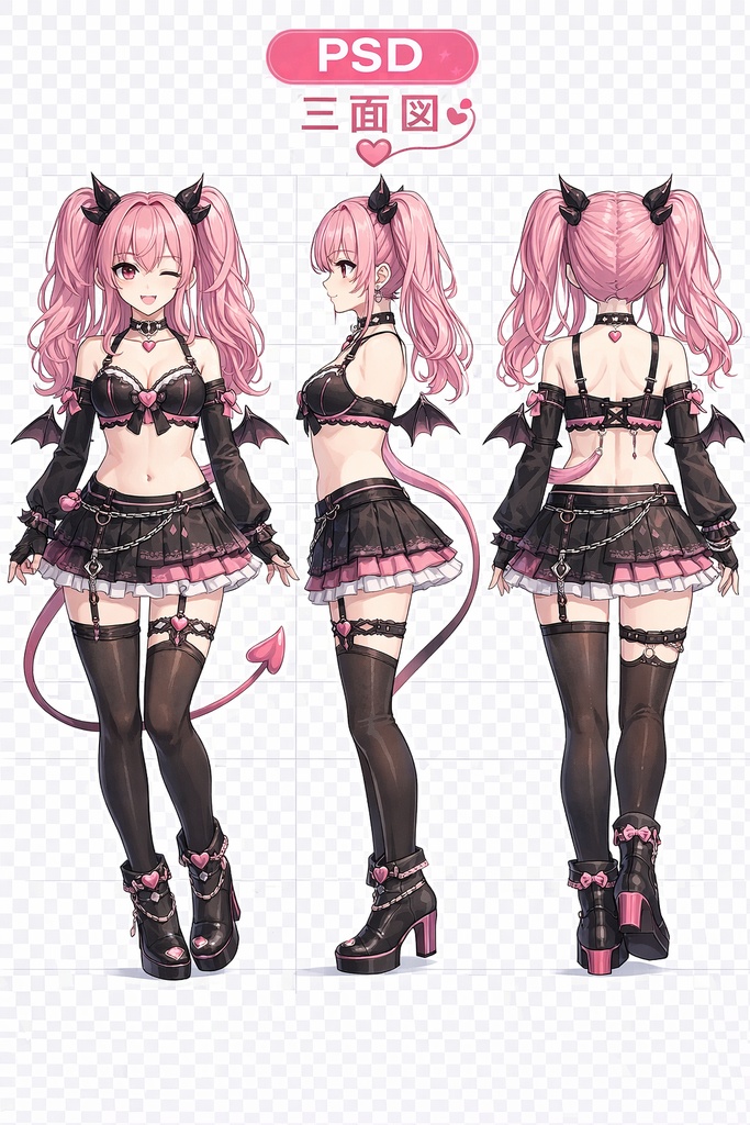 【限定1点・三面図/PSD付】VTuber用立ち絵素材|小悪魔系ピンクツインテール|Live2Dパーツ分け済・商用利用・著作権譲渡込