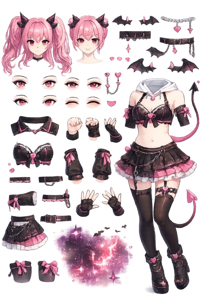 【限定1点・三面図/PSD付】VTuber用立ち絵素材|小悪魔系ピンクツインテール|Live2Dパーツ分け済・商用利用・著作権譲渡込