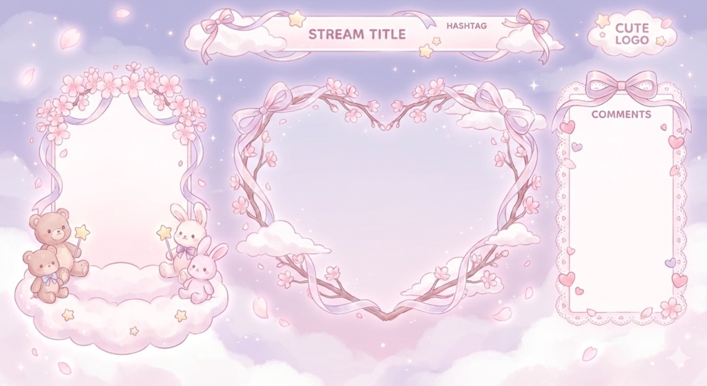 【配信画面素材】やさしくて甘い、ふわふわ癒し空間セット｜桜・リボン・ぬいぐるみ｜アイドル感あふれるオーバーレイ（ベビーピンク）