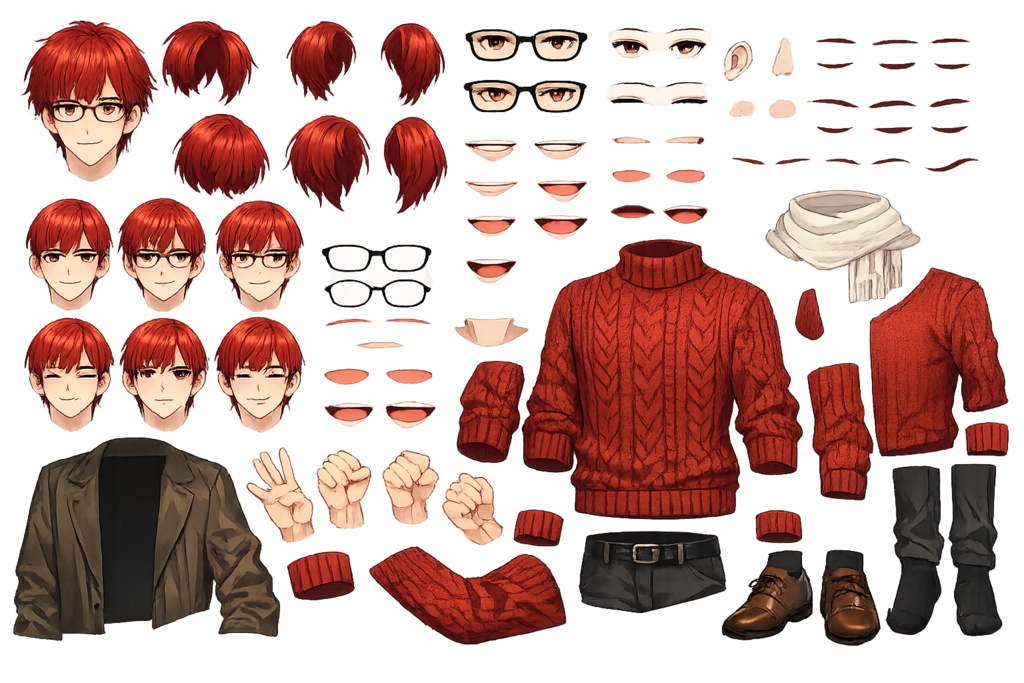 🧣【IRIAM対応】赤髪ニット×メガネ男子|立ち絵・SNSアイコン素材