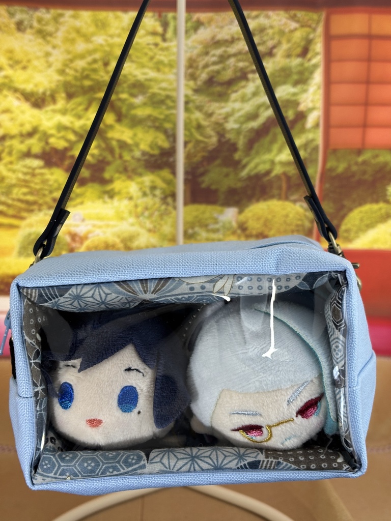 もちもちマスコット2体用ポーチ　サックス×和柄