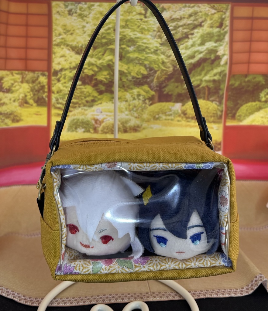 もちもちマスコット2体用ポーチ　マスタード×和柄