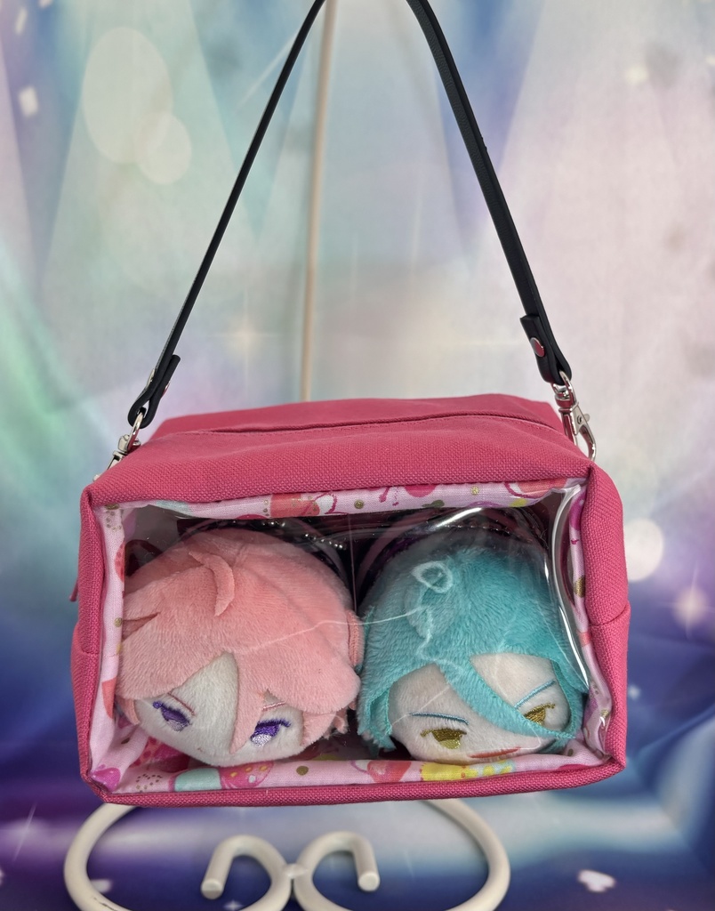 もちもちマスコット2体用ポーチ　濃ピンク×可愛い柄