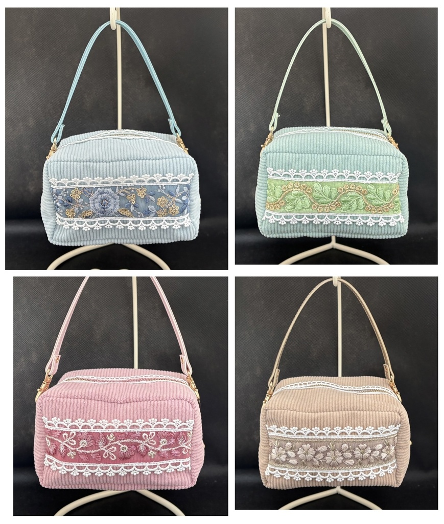 もちぬい2体用ポーチ　くすみカラーコーデュロイ×刺繡リボン