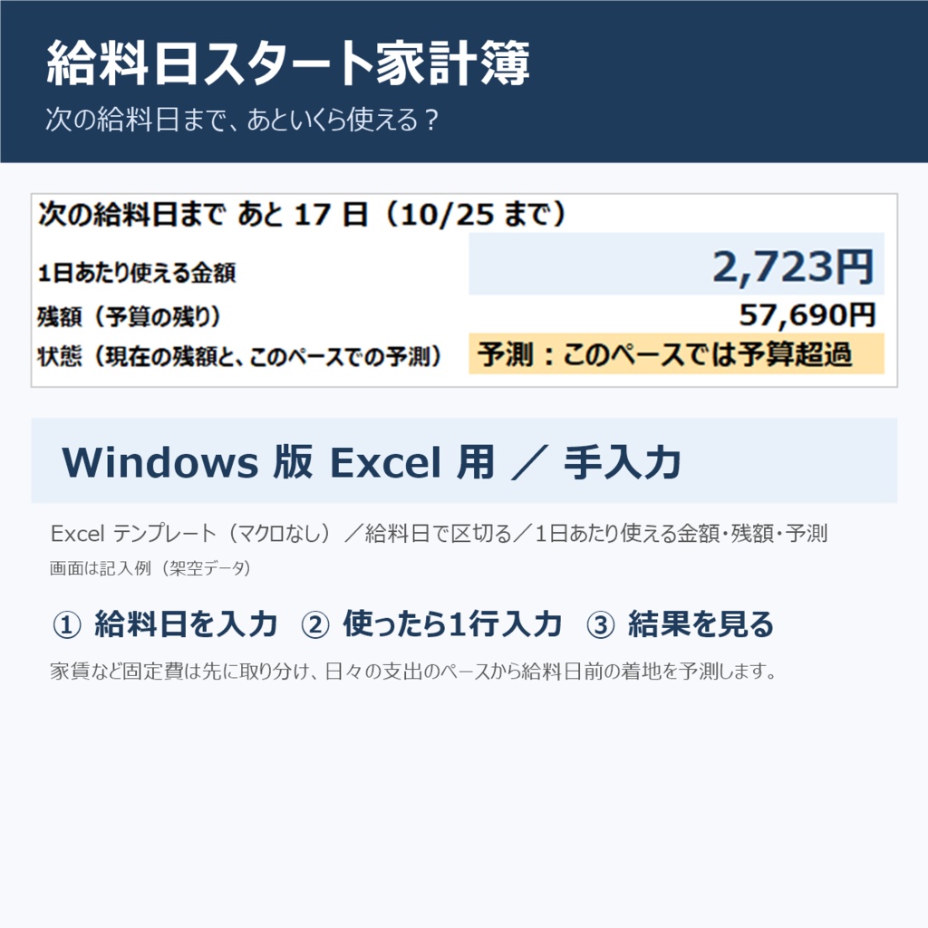 給料日スタート家計簿（Windows版Excel用・手入力テンプレート）— 次の給料日まで、あといくら使える？
