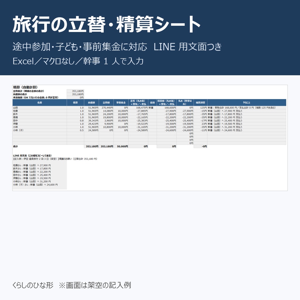 旅行の立替・精算シート｜途中参加・子ども・事前集金に対応、LINE 用文面つき【Excel】