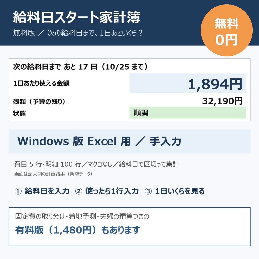 【無料】給料日スタート家計簿 無料版（Windows版Excel）— 次の給料日まで、1日あといくら使える？