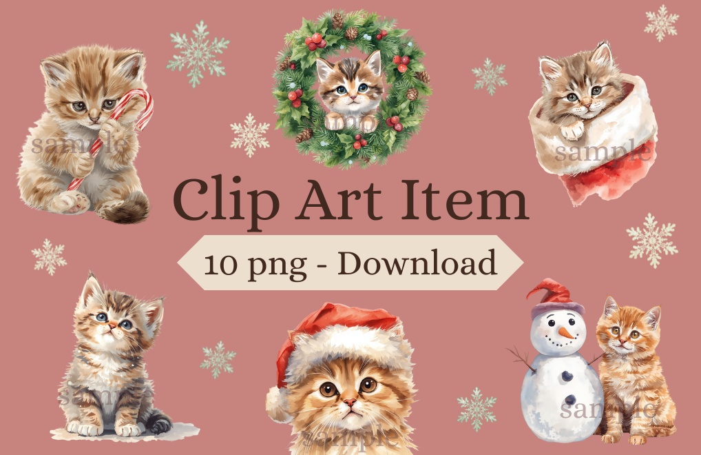 【商用OK】子猫のクリスマスクリップアート10枚セット｜PNG透過素材