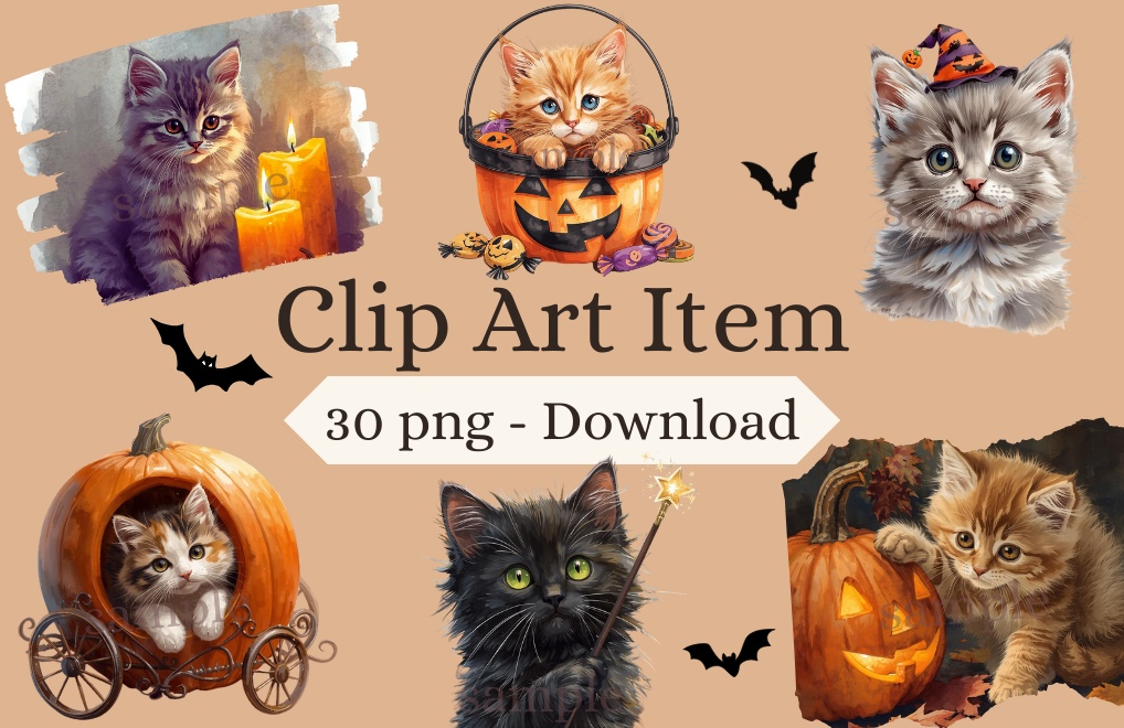 【商用OK】子猫のハロウィンクリップアート30枚セット｜PNG透過素材