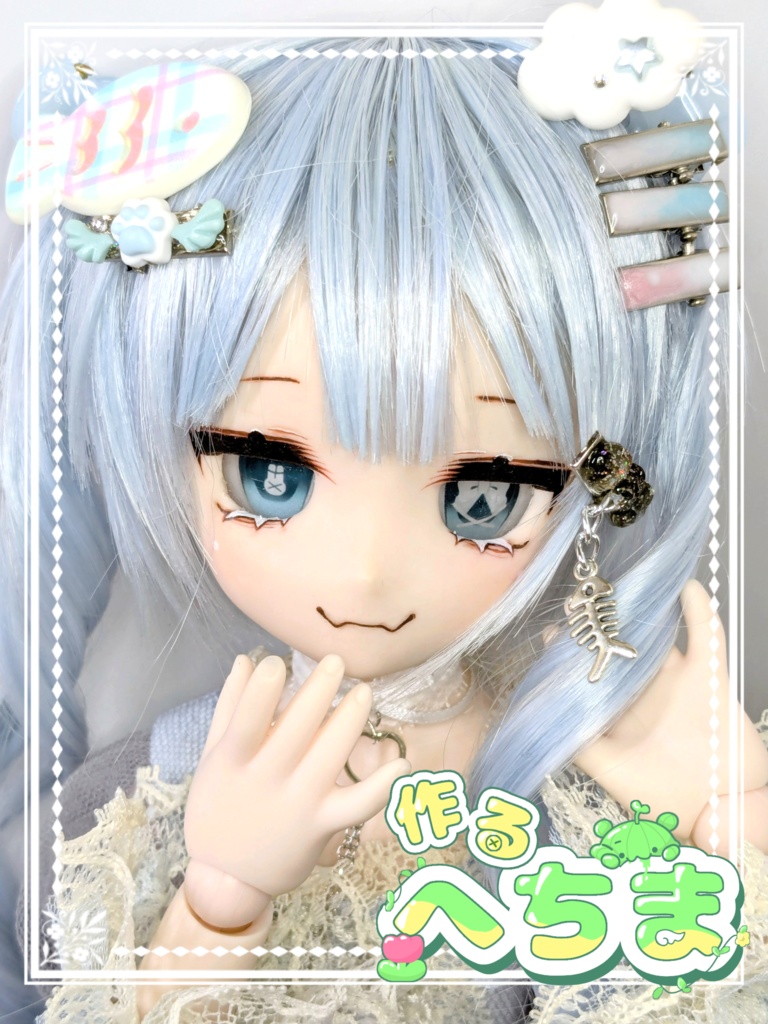 カスタムヘッド+自作カボションアイ+自作ヘアピン×3個