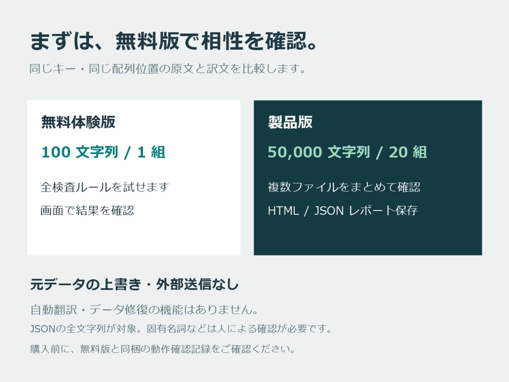 【無料体験版あり】対訳JSONチェック|翻訳抜け・変数・制御文字の確認ツール