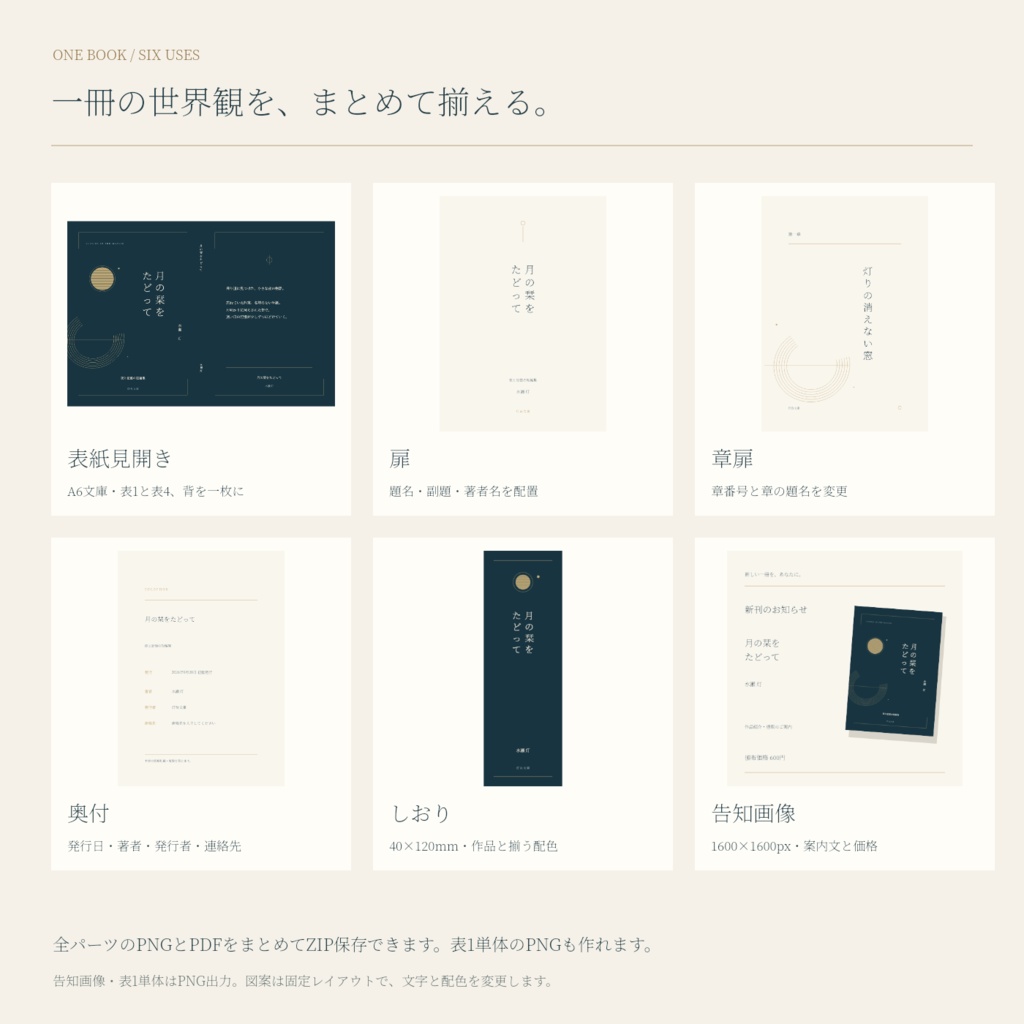 【A6文庫】月の栞|表紙・扉・奥付・しおり・告知画像の装丁キット〈編集画面付き・3配色〉
