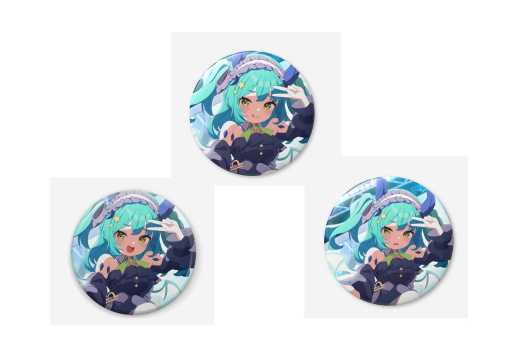 あいどるねおちゃん 缶バッチ3個セットとポストカード