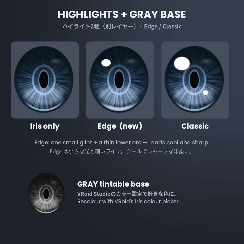 【無料あり】【VRoid正式版/2.x】PrismEyes MASC メンズ瞳テクスチャ【全12色+ハイライト2種】Sharp Iris Set for Male Avatars