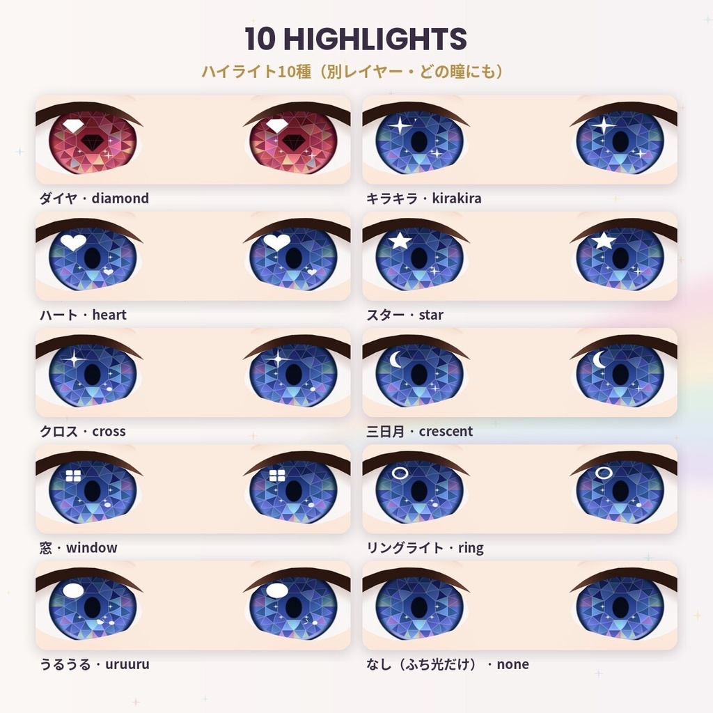 【無料あり】【VRoid正式版/2.x】PrismEyes JEWEL 宝石眼|誕生石の瞳テクスチャ12種+ハイライト10種 Birthstone Eyes
