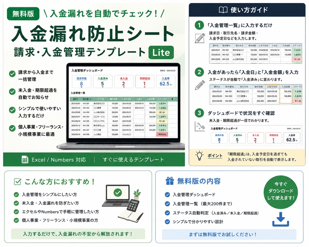 【無料版】入金漏れ防止シート｜請求・入金管理テンプレート Lite