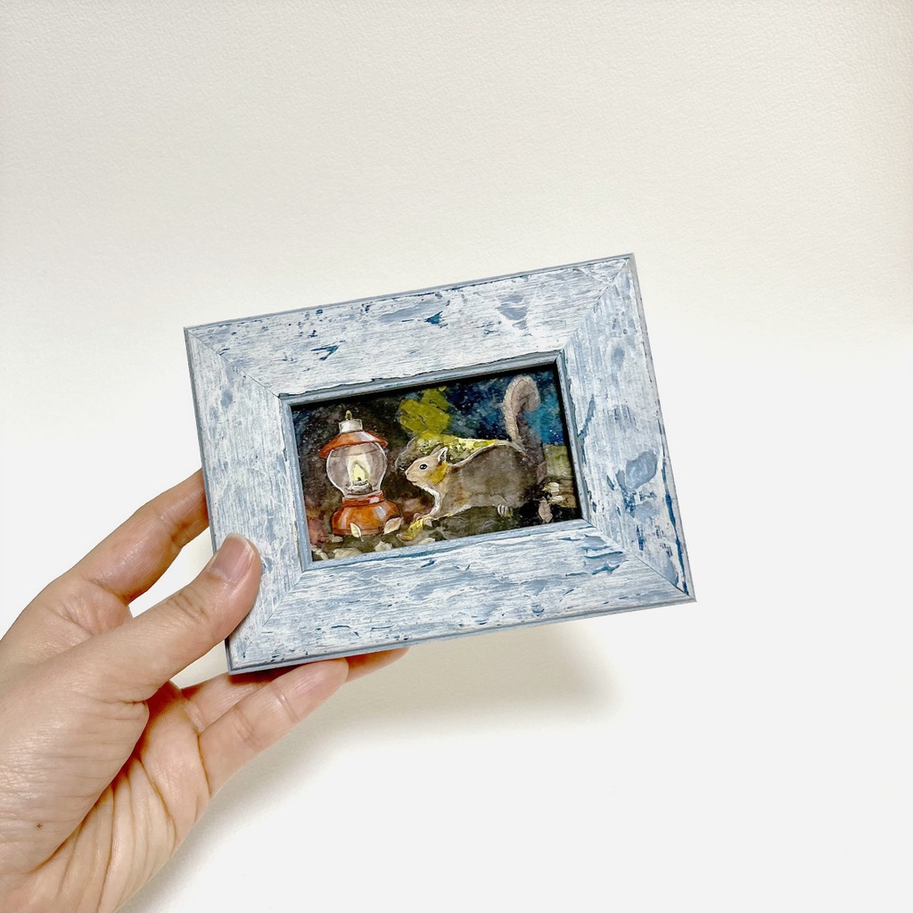 原画「ランタンとリスと」イラスト・水彩画・ペン画・絵画・額入