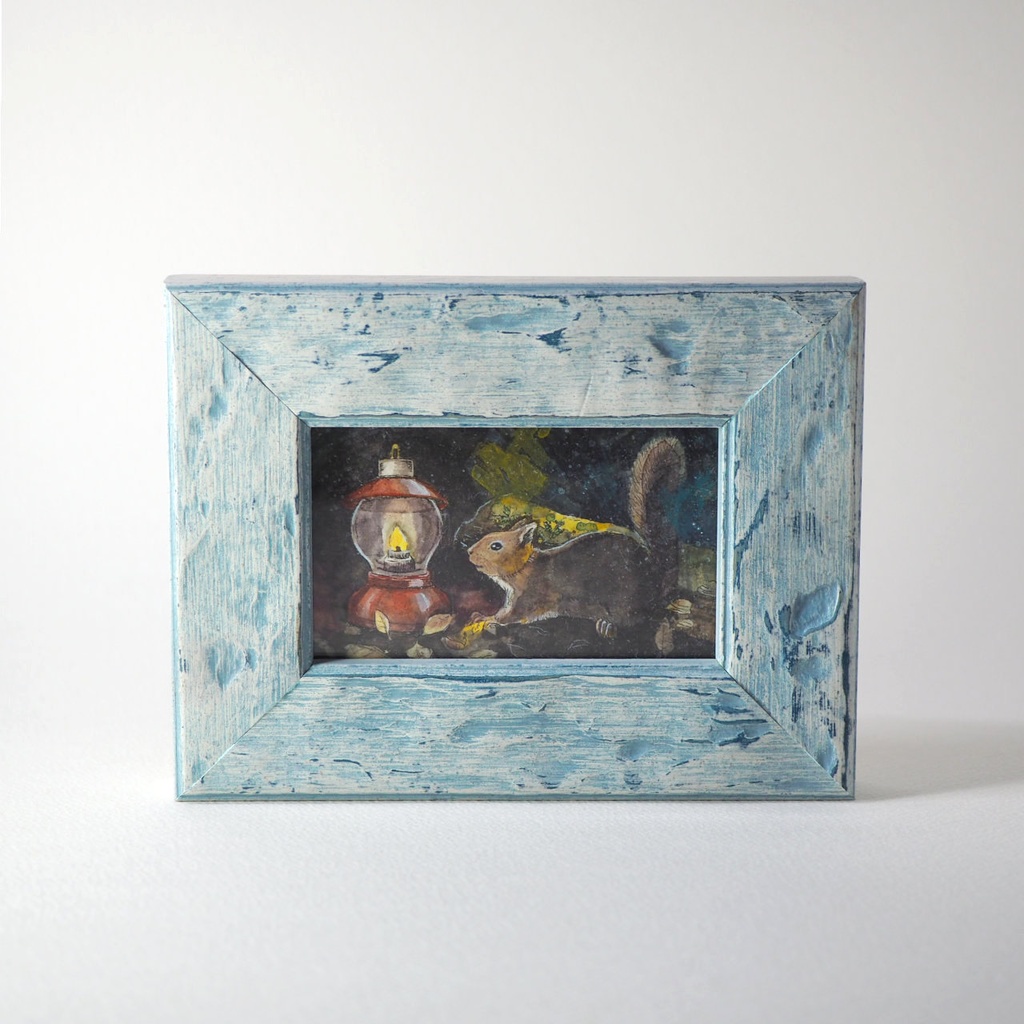 原画「ランタンとリスと」イラスト・水彩画・ペン画・絵画・額入