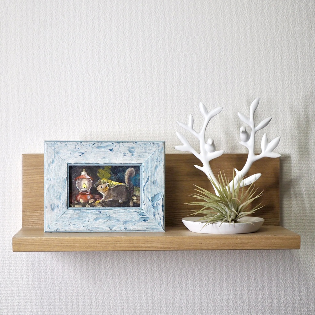 原画「ランタンとリスと」イラスト・水彩画・ペン画・絵画・額入