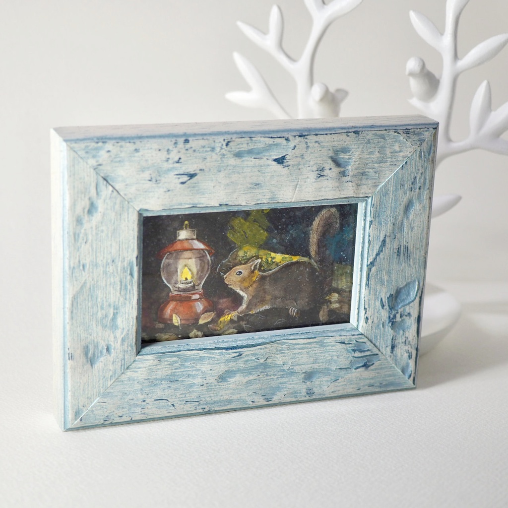 原画「ランタンとリスと」イラスト・水彩画・ペン画・絵画・額入