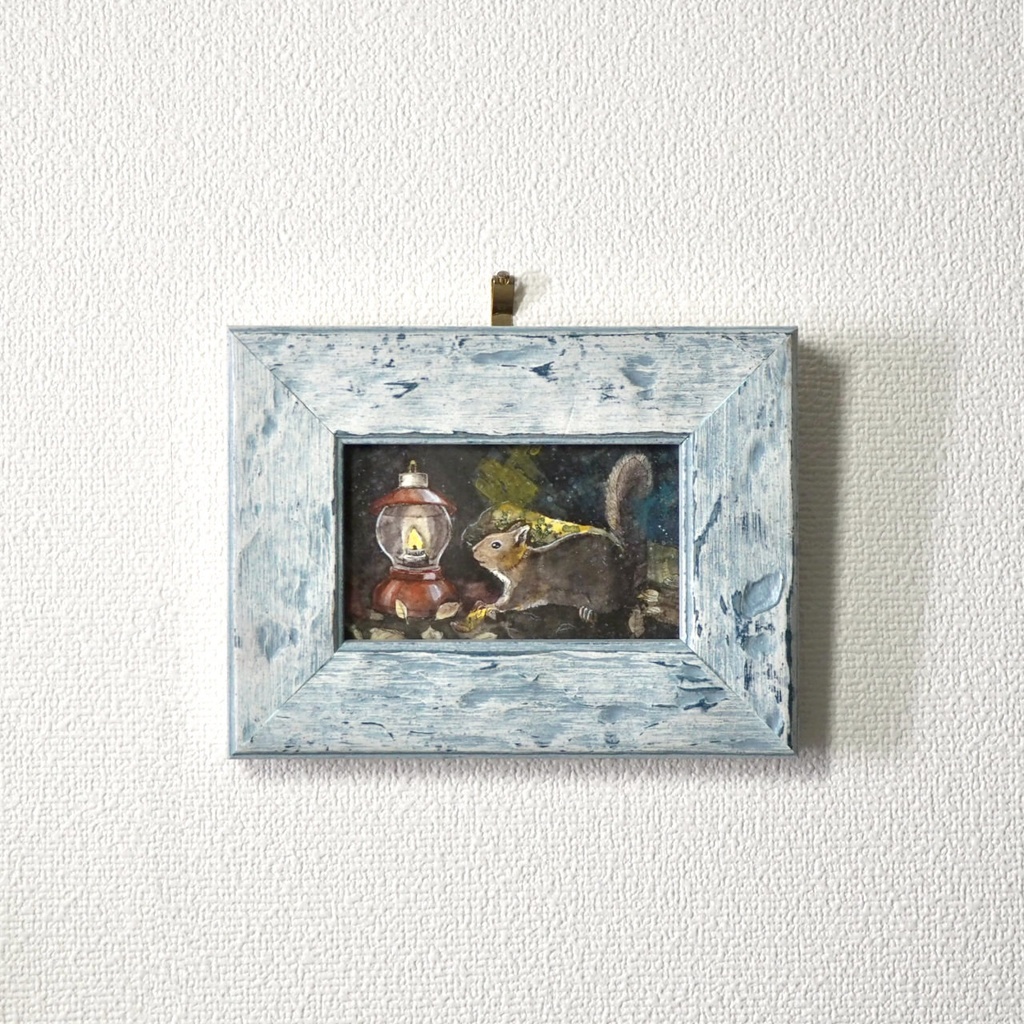 原画「ランタンとリスと」イラスト・水彩画・ペン画・絵画・額入