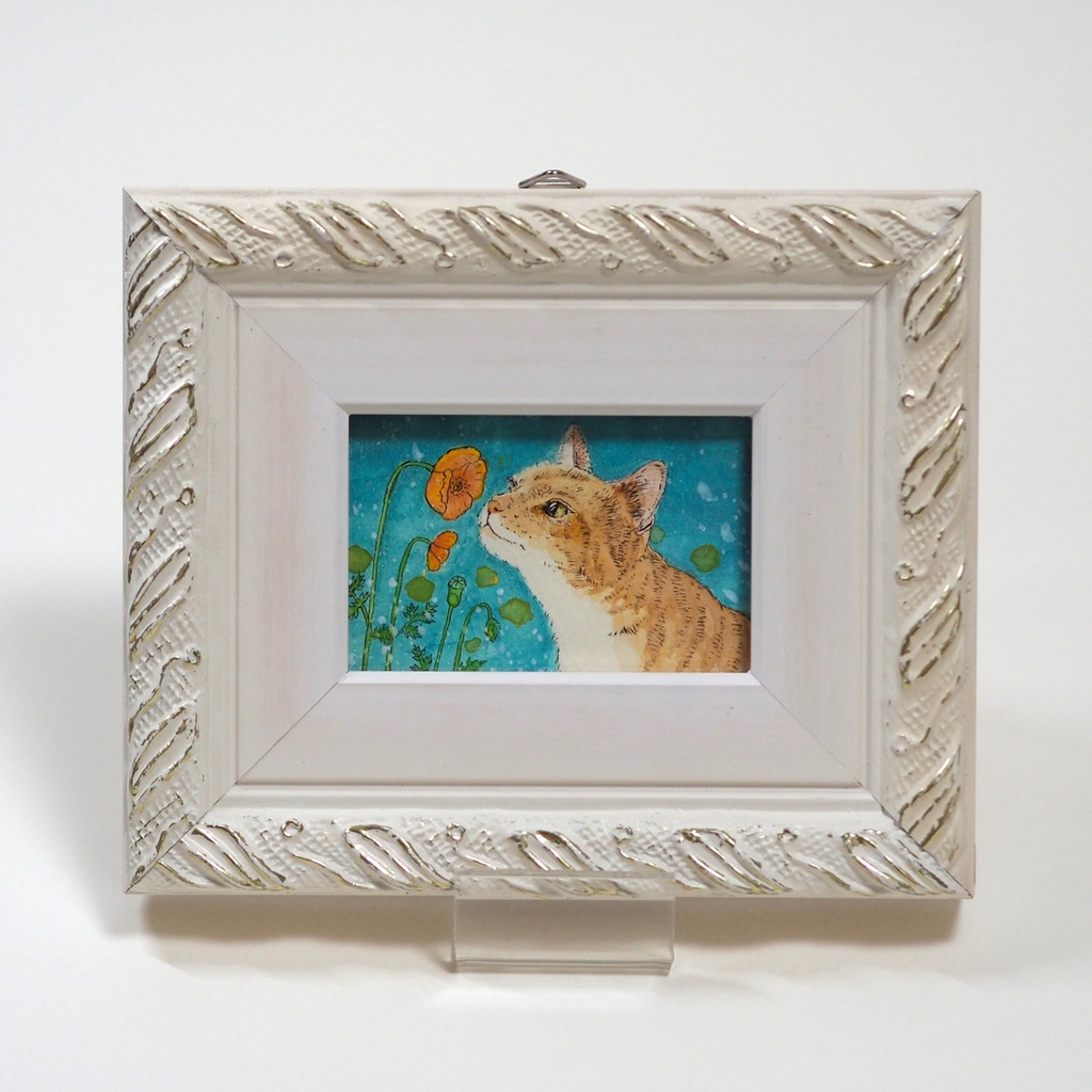 原画「ナガミヒナゲシとトラ猫」イラスト・水彩画・ペン画・絵画・額入