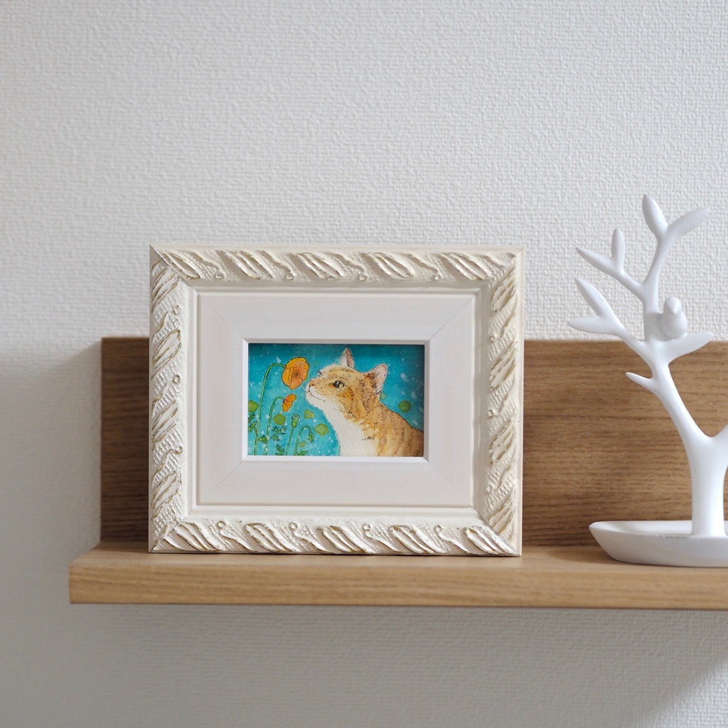 原画「ナガミヒナゲシとトラ猫」イラスト・水彩画・ペン画・絵画・額入