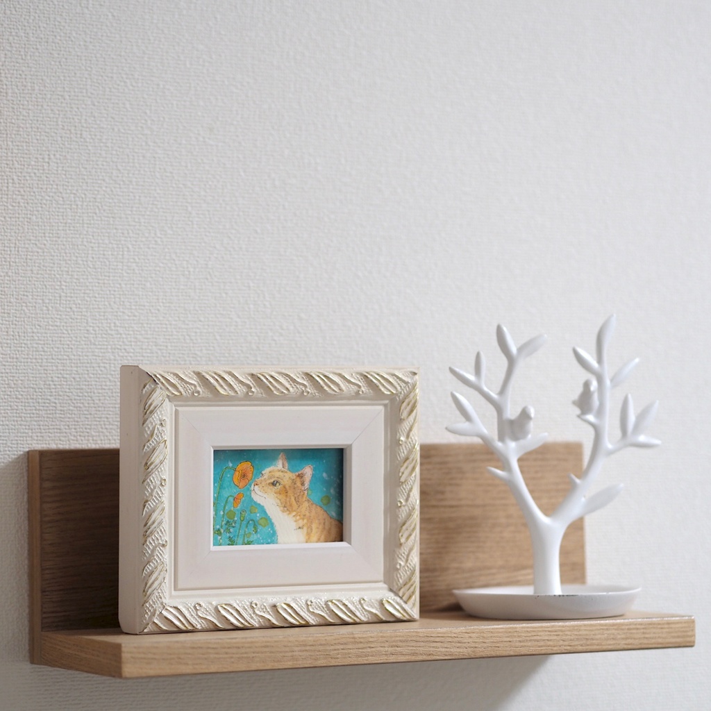 原画「ナガミヒナゲシとトラ猫」イラスト・水彩画・ペン画・絵画・額入