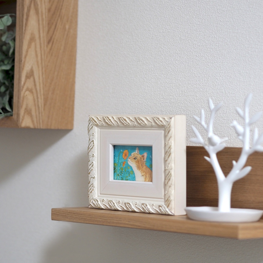 原画「ナガミヒナゲシとトラ猫」イラスト・水彩画・ペン画・絵画・額入