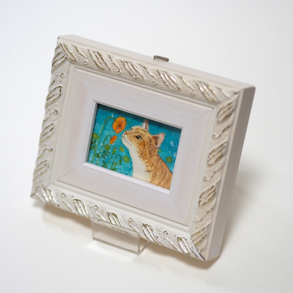 原画「ナガミヒナゲシとトラ猫」イラスト・水彩画・ペン画・絵画・額入