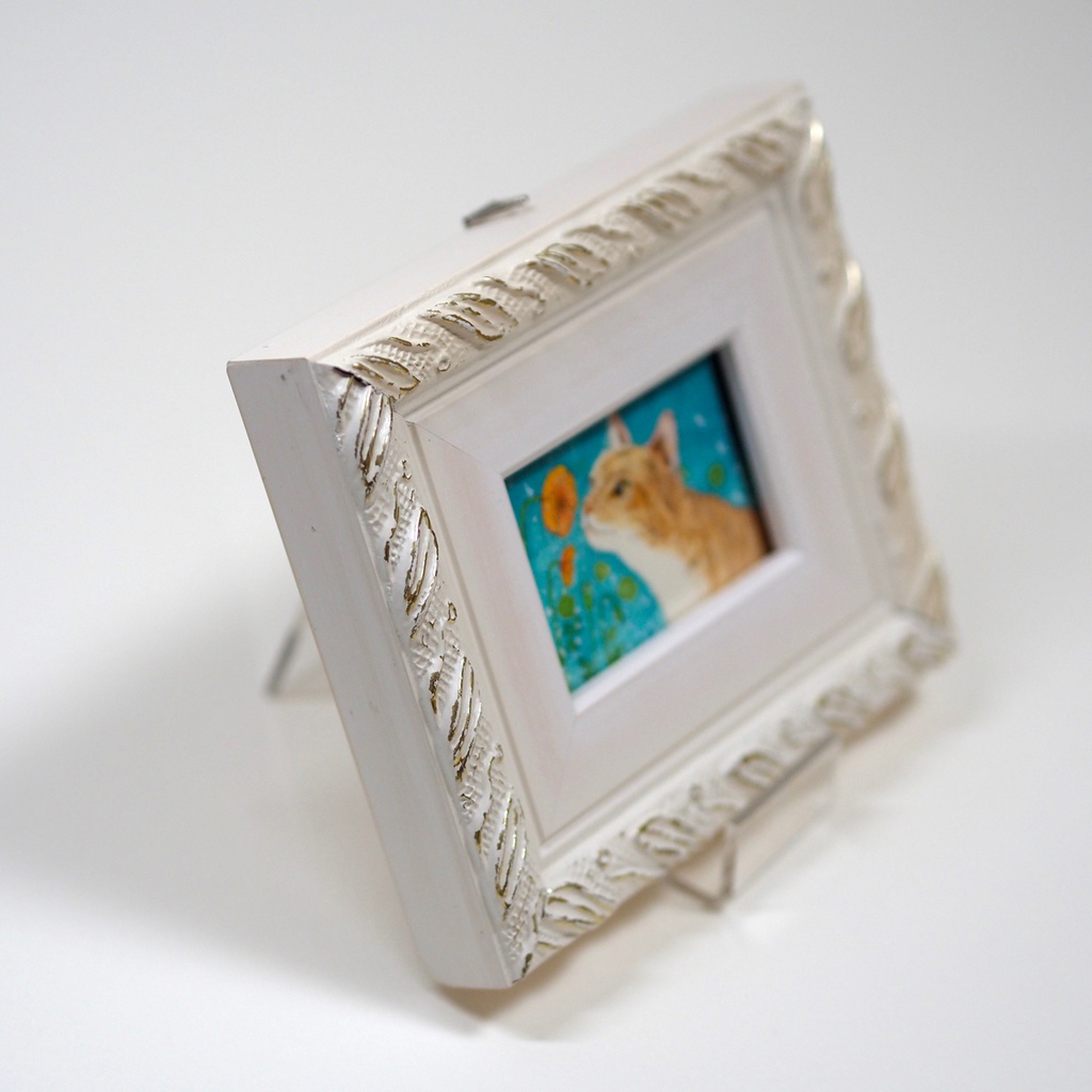 原画「ナガミヒナゲシとトラ猫」イラスト・水彩画・ペン画・絵画・額入