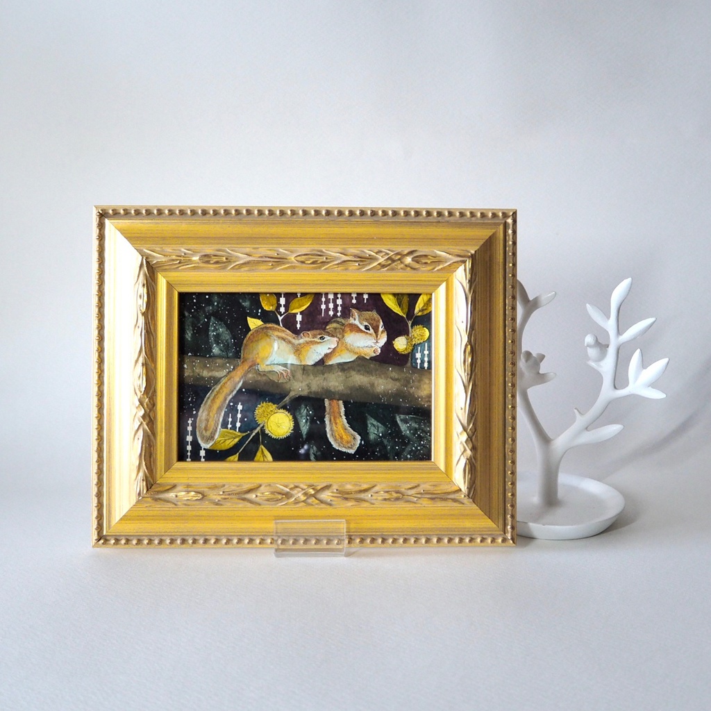 原画「くぬぎの木のシマリス」イラスト・水彩画・ペン画・額入