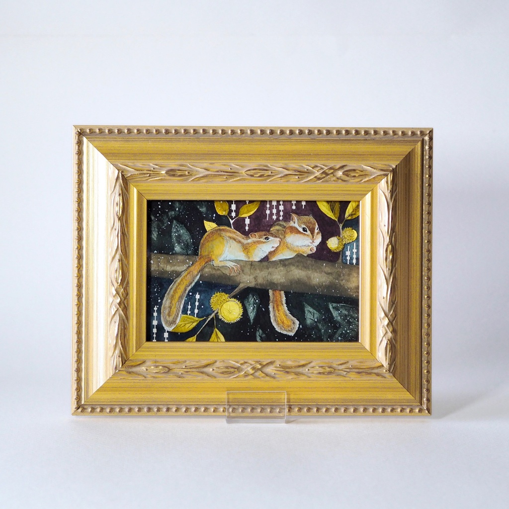 原画「くぬぎの木のシマリス」イラスト・水彩画・ペン画・額入