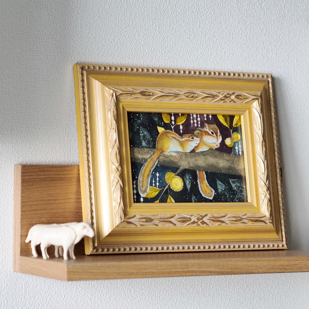 原画「くぬぎの木のシマリス」イラスト・水彩画・ペン画・額入