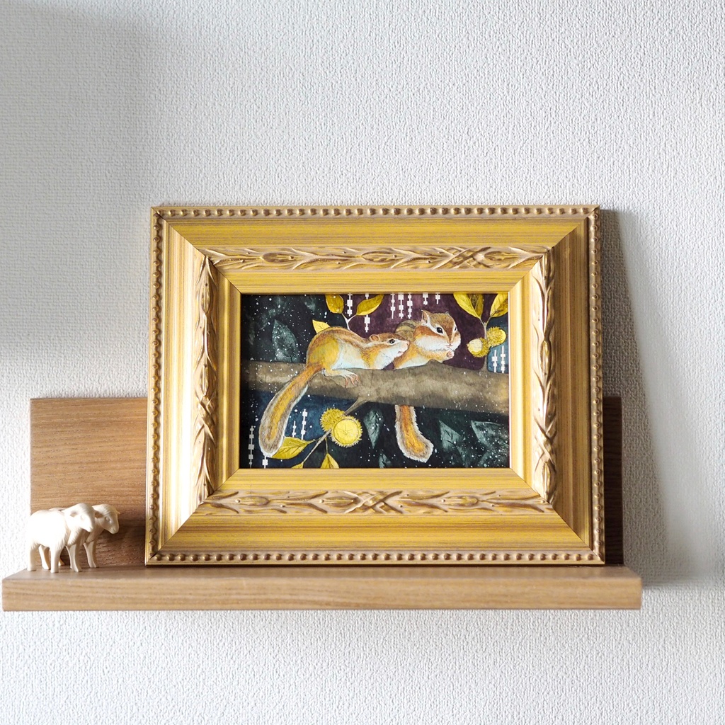 原画「くぬぎの木のシマリス」イラスト・水彩画・ペン画・額入