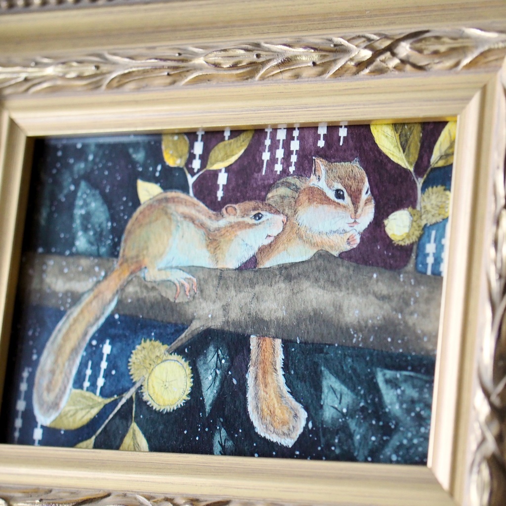 原画「くぬぎの木のシマリス」イラスト・水彩画・ペン画・額入