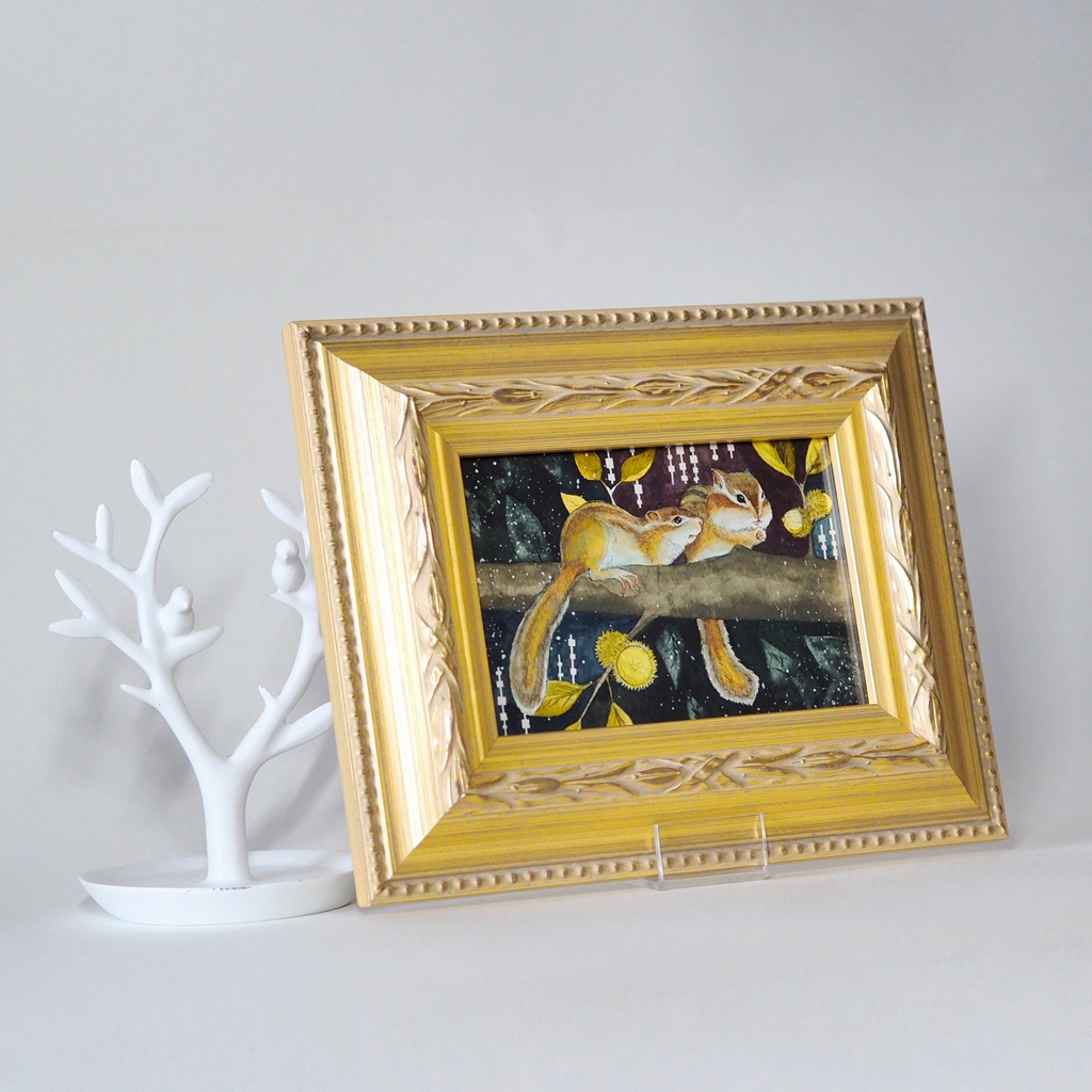 原画「くぬぎの木のシマリス」イラスト・水彩画・ペン画・額入