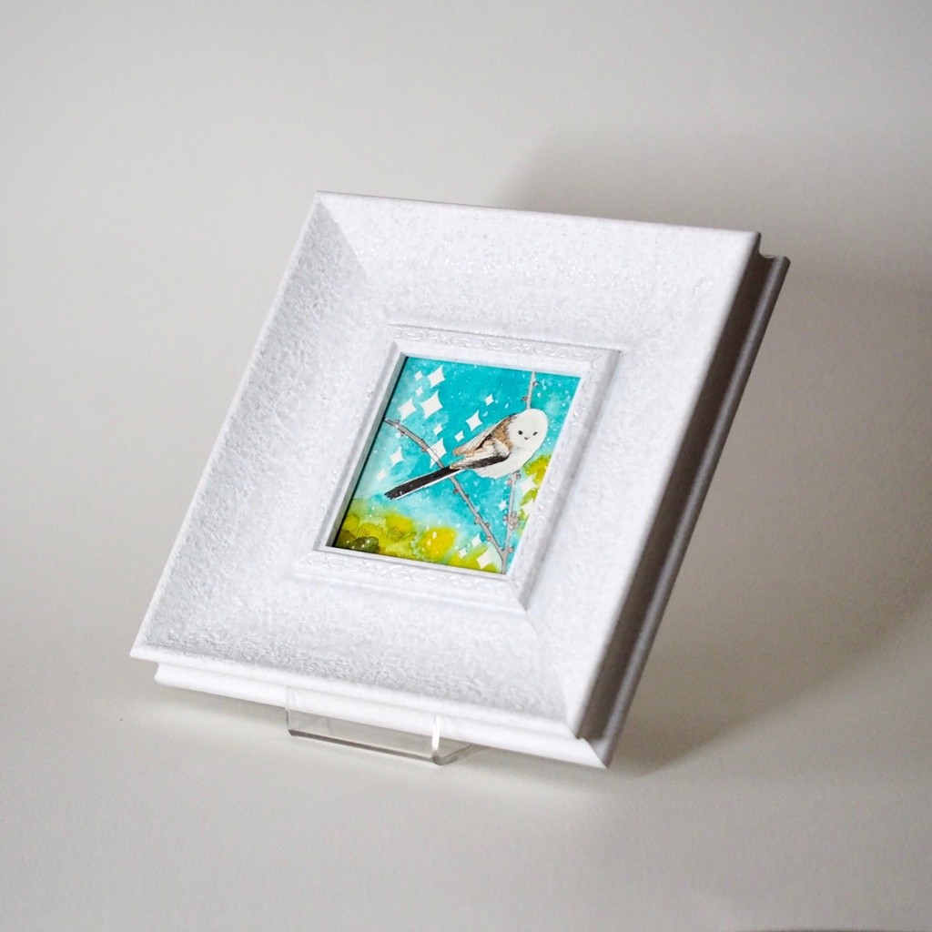 原画「シマエナガの道案内」イラスト・水彩画・ペン画・ミニ額入