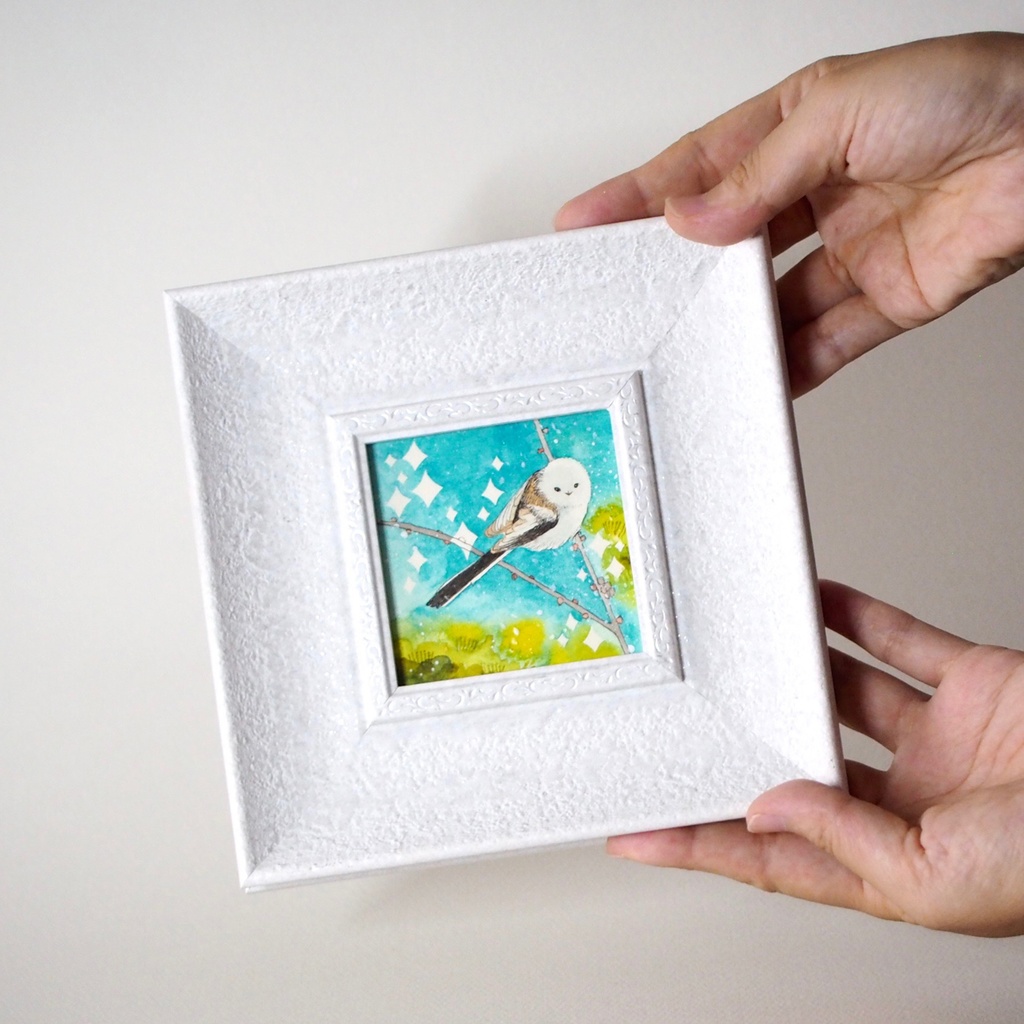 原画「シマエナガの道案内」イラスト・水彩画・ペン画・ミニ額入