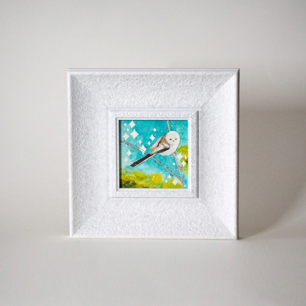 原画「シマエナガの道案内」イラスト・水彩画・ペン画・ミニ額入